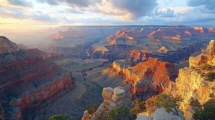 Majestic Grand Canyon at Sunset Breathtaking Vista of Layered Red Rocks and Dramatic Cliffs Illuminated by Golden Sunlight, Offering a Stunning View of this Iconic Natural Landmark