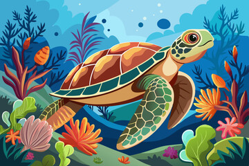 Fototapeta premium Sea turtle splashes on the seabed with corals wallpaper