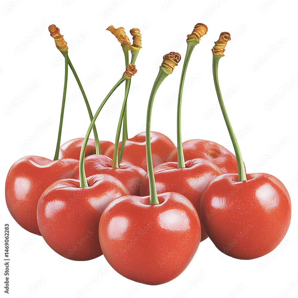 Poster fresh bunch of juicy cherries plucked from the tree displaying their vibrant red color and glossy su