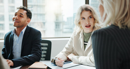 Office, business people and woman with listening in meeting, financial project and investment...