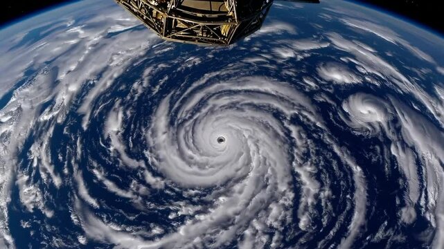 Powerful hurricane eye rotating over planet earth, observed from space station, showcasing extreme weather phenomena - Powered by Adobe