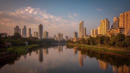 Fototapeta premium Golden Hour Skyline Reflected in Calm River at Cityscape