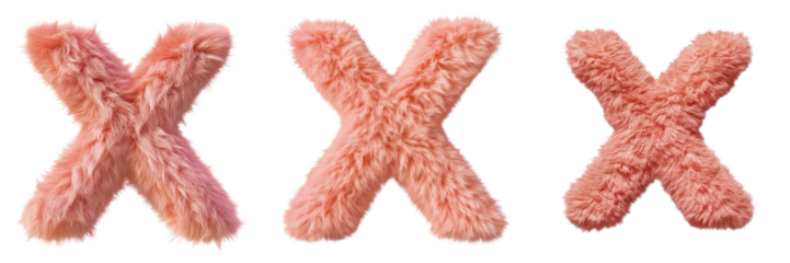 Set of High-resolution image of a soft, furry pink letter X on a clean on transparent png background. Ai generated