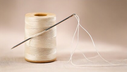 A roll of high quality cotton sewing thread photographed aesthetically with soft neutral colors and a needle stuck in it