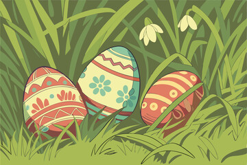 200 colorful Easter eggs in vivid green grass, vibrant, detailed, 4k, hyperrealistic