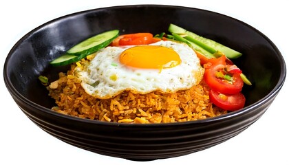 A steaming bowl of golden-brown Indonesian fried rice served in a black ceramic on a transparent background, menu, advertising, promotion.
