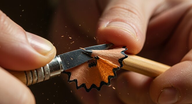 Precise Sharpening: A Close-Up of a Pencil Being Sharpened with a Craft Knife - Powered by Adobe