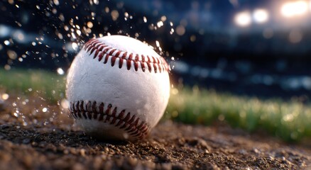 Wet Baseball On Damp Field Under Stadium Lights