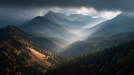 Ultra-realistic panoramic view of alpine mountains at golden hour, with sun rays piercing clouds, glowing mist, and dramatic forest shadows.
