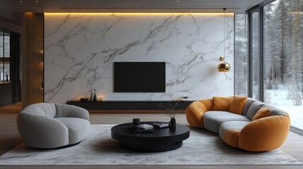 Modern living room interior design with marble wall and plush seating.