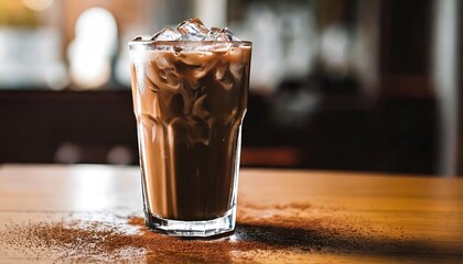 A large glass of cold chocolate, filled with thick and smooth chocolate milk and topped with ice. menus, advertising, promotions, drinks.