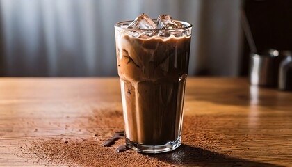 A large glass of cold chocolate in a cafe, filled with thick and smooth chocolate milk and topped with ice and photographed aesthetically. menu, advertisement, promotion, drink.
