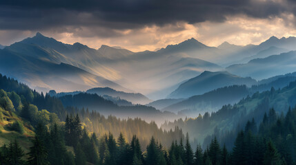 Obraz premium Ultra-realistic panoramic view of alpine mountains at golden hour, with sun rays piercing clouds, glowing mist, and dramatic forest shadows. 