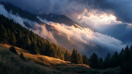 Ultra-realistic panoramic view of alpine mountains at golden hour, with sun rays piercing clouds, glowing mist, and dramatic forest shadows.
