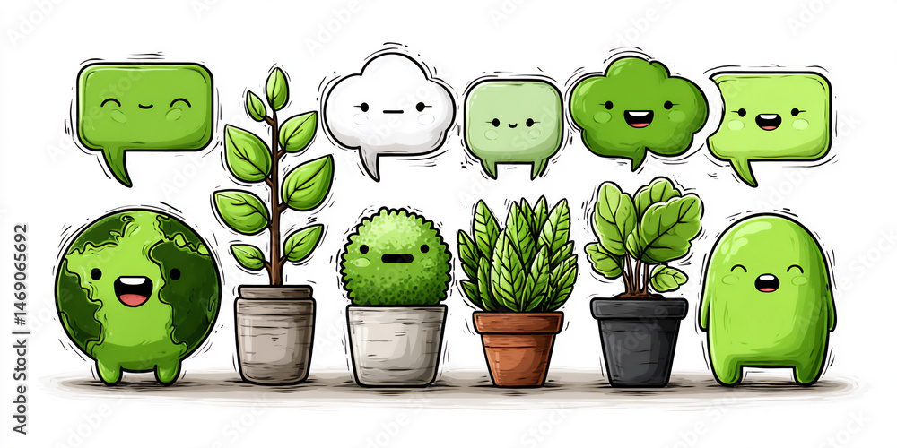 Poster a 2d digital artwork depicting the earth with speech bubbles containing simple actions for environme