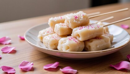 Sweet dessert skewers on a plate with flower petals.