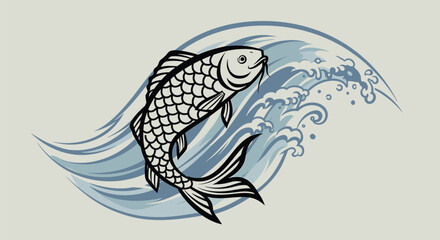 Fototapeta premium Determined Fish: Black Outline Swimming Upstream