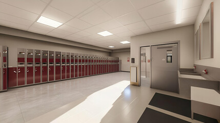 Modern Lockers and Washroom in a Bright Hallway