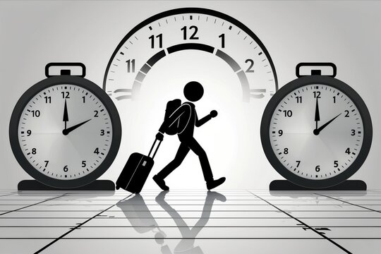 Silhouette person walking with suitcase, clocks showing different times. Travel, time management, jet lag concepts, business, work deadlines.