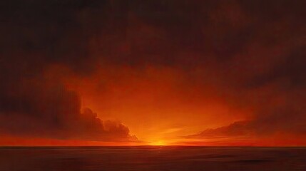 Obraz premium Fiery sunset over a tranquil ocean landscape.