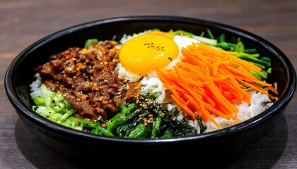 Delicious Korean bibimbap served in a traditional black stone bowl, with menu, advertisement, promotion.
