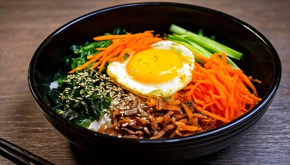 Delicious Korean bibimbap served in a traditional black stone bowl, with menu, advertisement, promotion.

