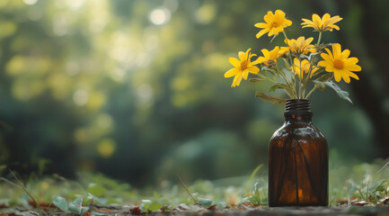 Beautiful yellow flowers in an old glass bottle on a blurred, natural green spring forest background