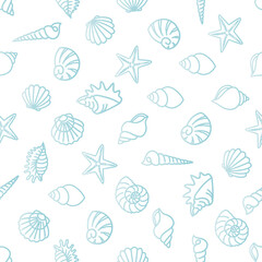 Seamless pattern of various seashells and starfish in light blue outlines on a white background, often used for backgrounds, textiles, and other decorative purposes. 
