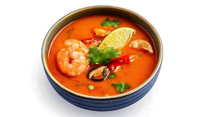 Spicy Thai Tom Yum soup in a traditional bowl, with bright orange broth. Menu, advertising, promotions.
