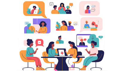 Fototapeta premium Diverse team video conference, with speech-bubble overlays and modern UI elements