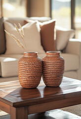 Close-up of a wooden coffee table with two woven vases on top, set against a cozy living room background