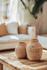 Close-up of a coffee table with two woven vases on top, in a living room