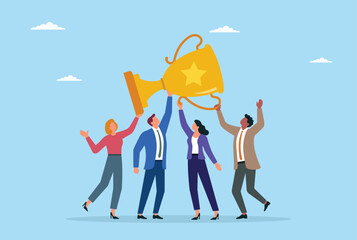 Vector illustration of a group of businessman enjoy for success with trophy
