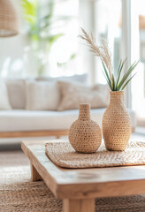 Close-up of a coffee table with two woven vases on top, in a living room