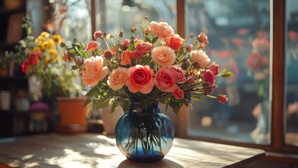 Rose bouquet in a blue vase on a wooden table near the window