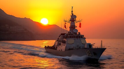 Naval destroyer at sunset over the water.