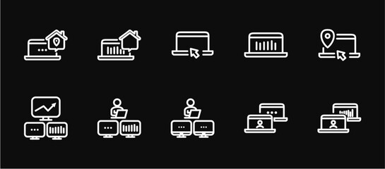 Remote Work Line Icons . Freelancer Work from Home, Video Call, Online Meeting, Teleconference Vector Set