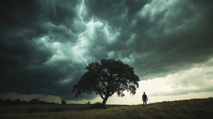 A lone figure stands under a stormy sky with dark clouds and a bright lightning strike, creating a dramatic atmosphere.