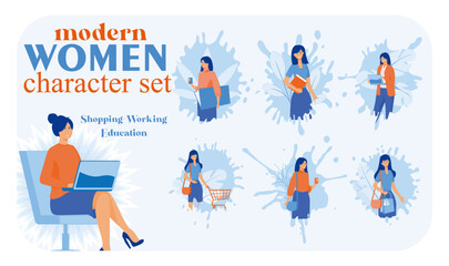 Modern Women Character Set Featuring Work, Shopping, and Education.