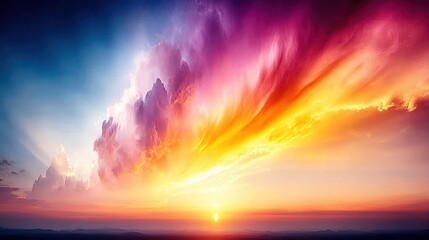 Fototapeta premium Vibrant sunset sky with large colorful cloud formation over dark landscape