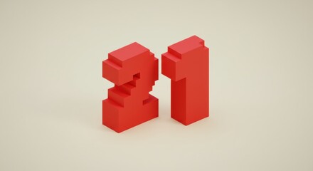 Pixelated Red Number Twenty-One on Beige Background