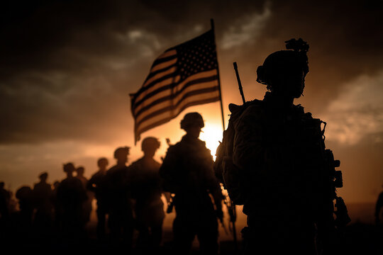 Powerful cinematic scene showing soldiers in uniform silhouetted at sunrise, holding the American flag in honor of Armed Forces Day.
