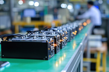 High tech devices lined up on production table in factory, showcasing advanced manufacturing processes and quality control