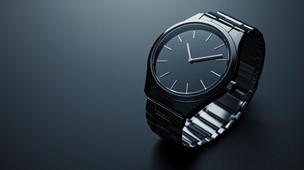Silver and black watch with a black face sits on a dark background. The watch is set to 10:30