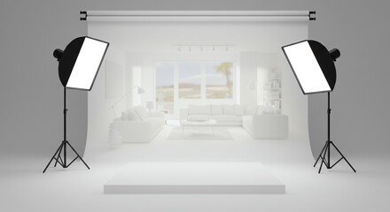 Studio setup with softbox lights and backdrop