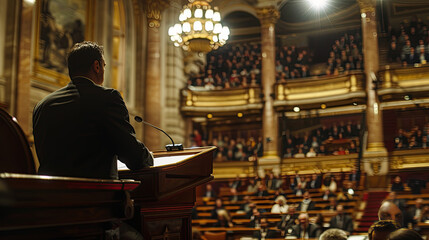 Serious politician delivering speech at wooden podium during conference, passionate public speaker addressing important social issues, leadership and political campaign concepts