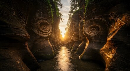 River Flowing Through Unique Canyon with Spiral Rock Formations at Sunset