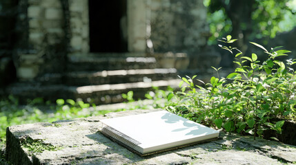 Blank sketchbook rests on stone surface surrounded by lush greenery near ancient ruins, inviting creativity and inspiration
