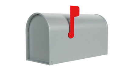 Isolated Gray Metal Mailbox with Red Flag Raised