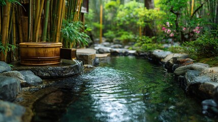Naklejka premium Serene Bamboo Garden with Flowing Water in Tranquil Spring Setting